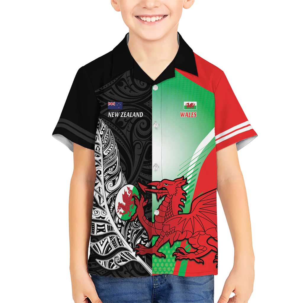 New Zealand and Wales Rugby Custom Kid Hawaiian Shirt Aotearoa All Black Combine Welsh Dragon - Polynesian Pride