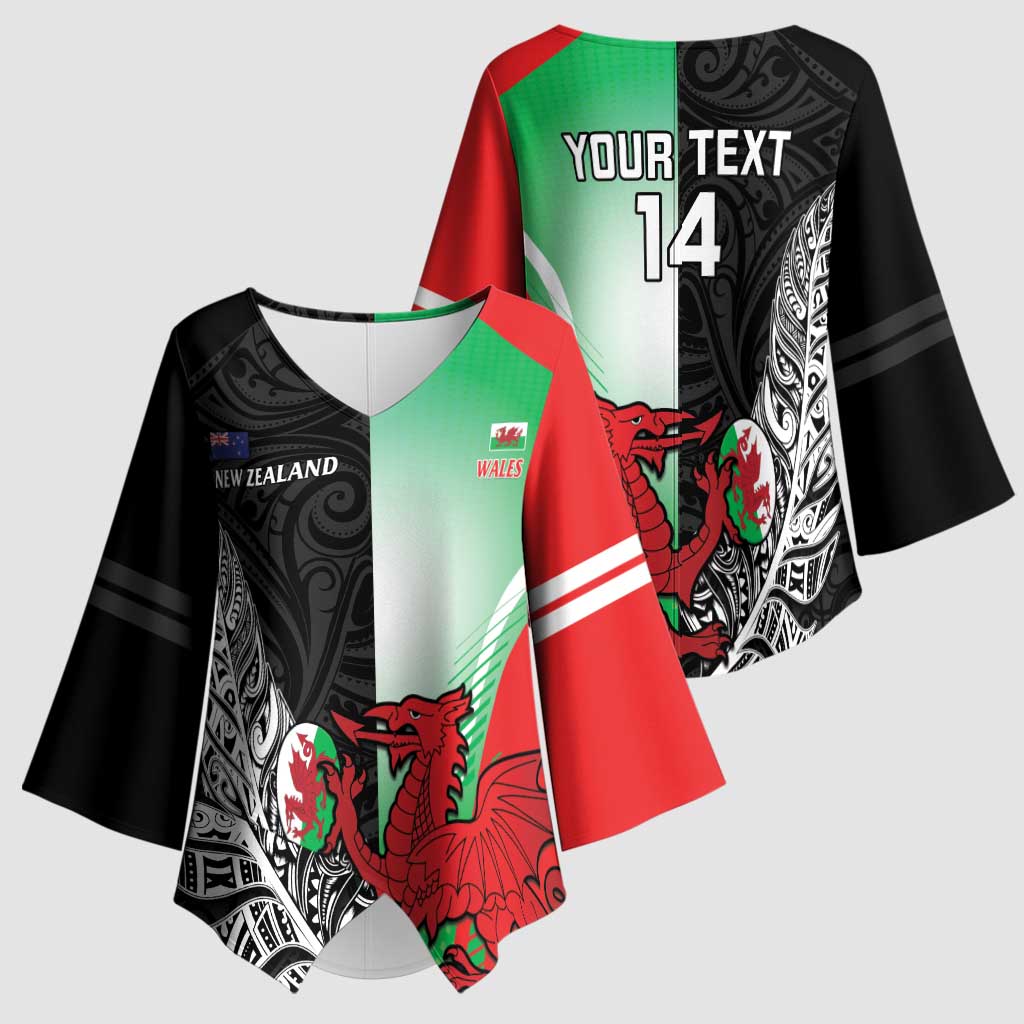 New Zealand and Wales Rugby Custom Kimono Sleeve Blouse Aotearoa All Black Combine Welsh Dragon - Polynesian Pride