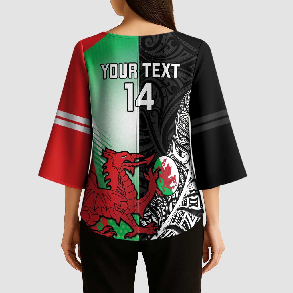 New Zealand and Wales Rugby Custom Kimono Sleeve Blouse Aotearoa All Black Combine Welsh Dragon - Polynesian Pride