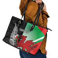 New Zealand and Wales Rugby Custom Leather Tote Bag Aotearoa All Black Combine Welsh Dragon - Polynesian Pride