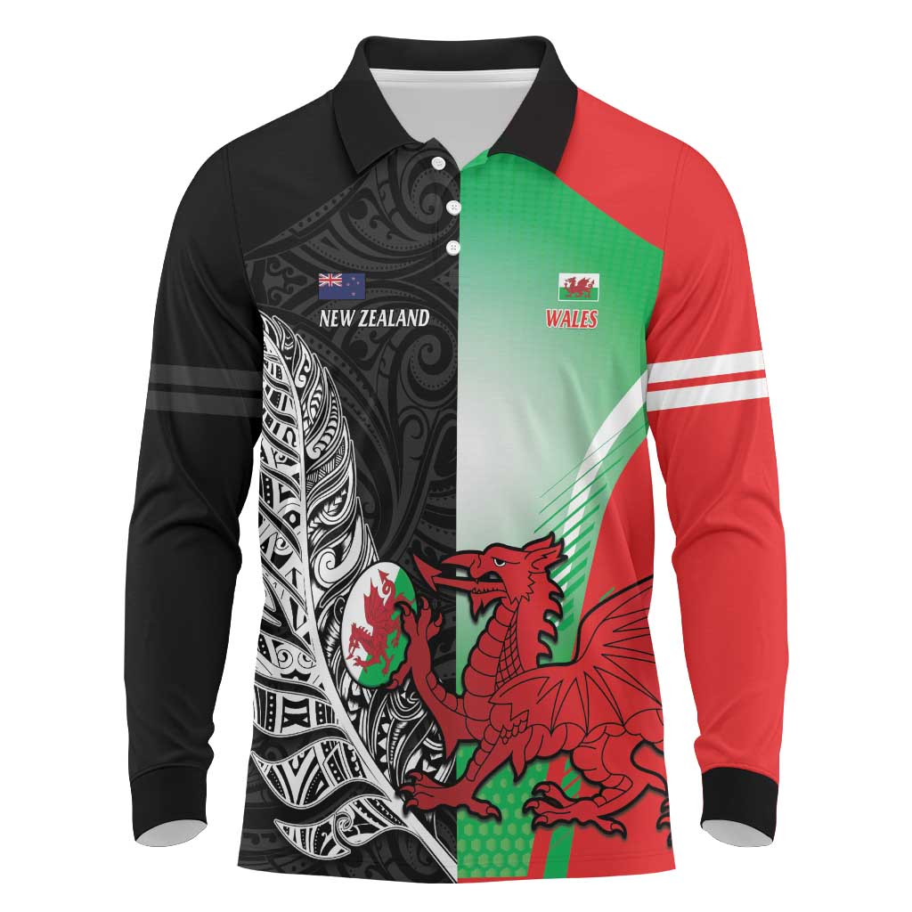 New Zealand and Wales Rugby Custom Long Sleeve Polo Shirt Aotearoa All Black Combine Welsh Dragon - Polynesian Pride