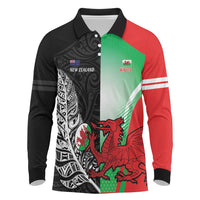 New Zealand and Wales Rugby Custom Long Sleeve Polo Shirt Aotearoa All Black Combine Welsh Dragon - Polynesian Pride
