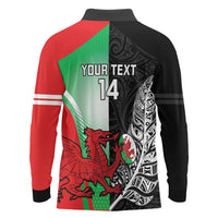 New Zealand and Wales Rugby Custom Long Sleeve Polo Shirt Aotearoa All Black Combine Welsh Dragon - Polynesian Pride