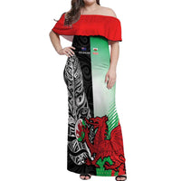 New Zealand and Wales Rugby Custom Off Shoulder Maxi Dress Aotearoa All Black Combine Welsh Dragon - Polynesian Pride