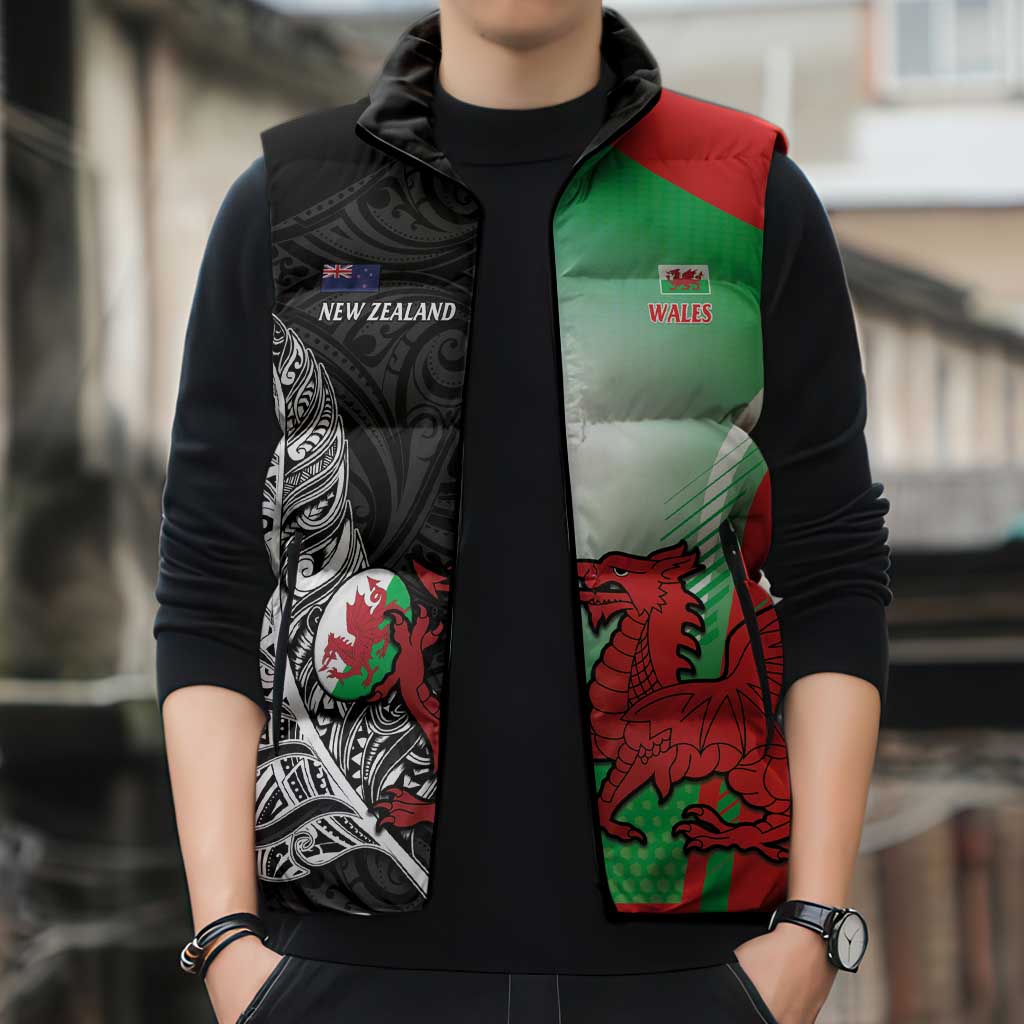 New Zealand and Wales Rugby Custom Sleeveless Puffer Jacket Aotearoa All Black Combine Welsh Dragon - Polynesian Pride