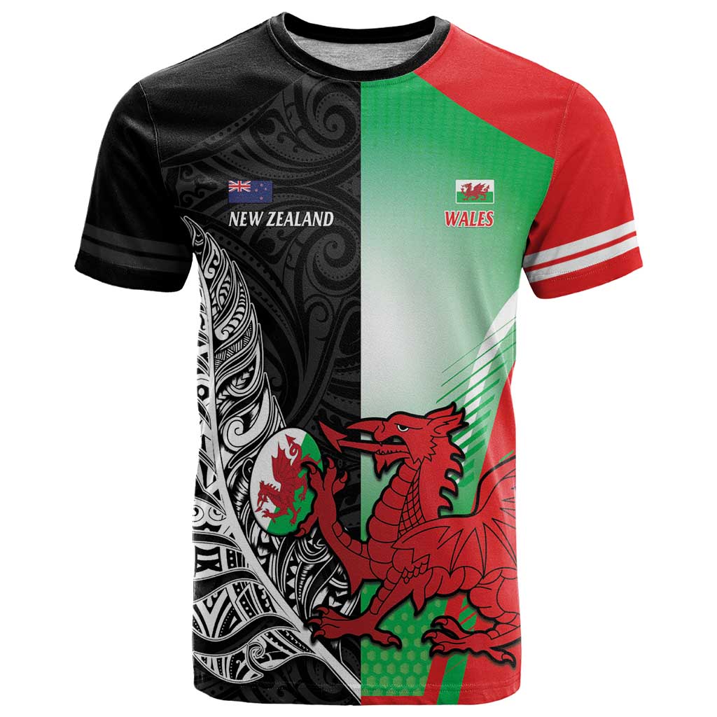 New Zealand and Wales Rugby Custom T Shirt Aotearoa All Black Combine Welsh Dragon - Polynesian Pride
