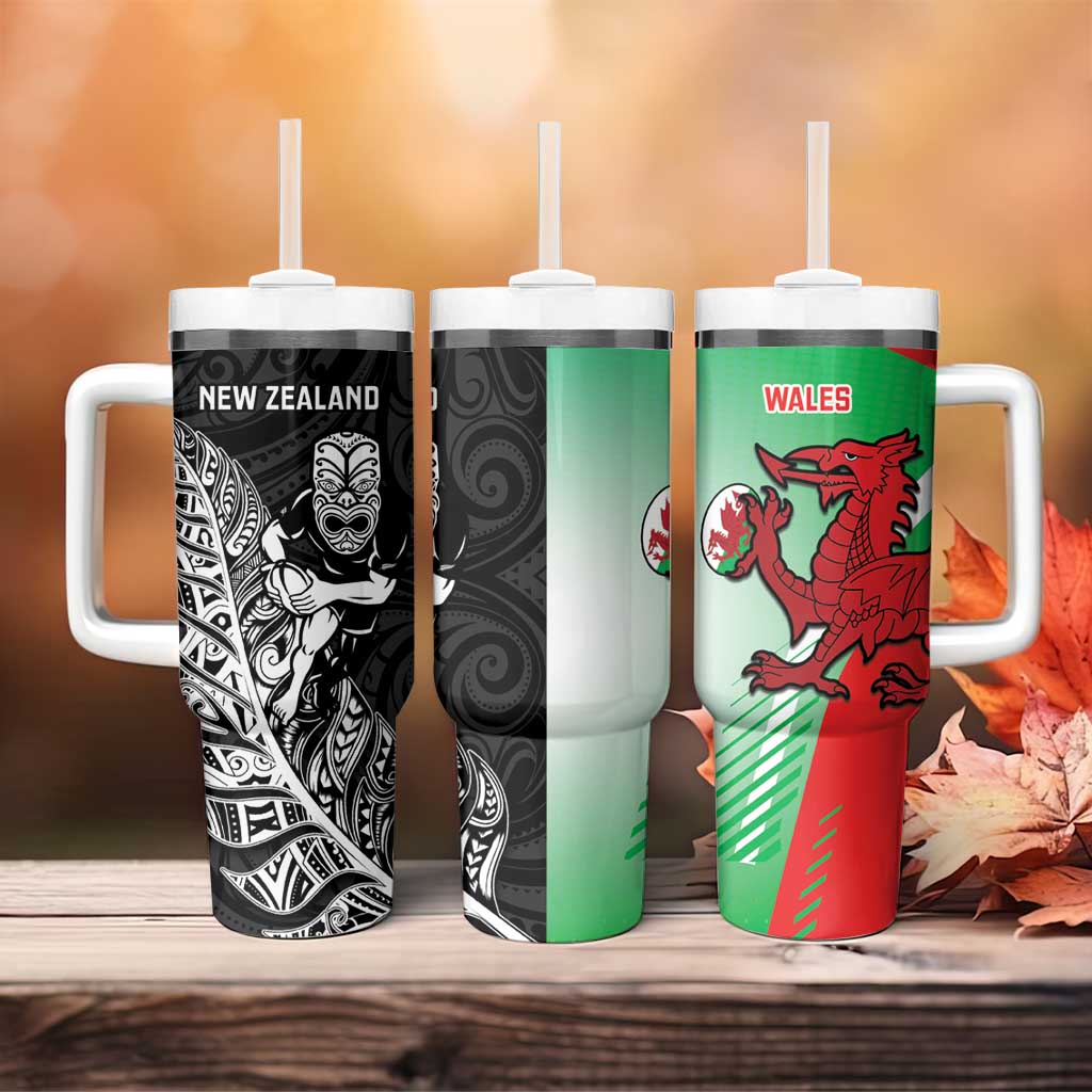 New Zealand and Wales Rugby Custom Tumbler With Handle Aotearoa All Black Combine Welsh Dragon - Polynesian Pride