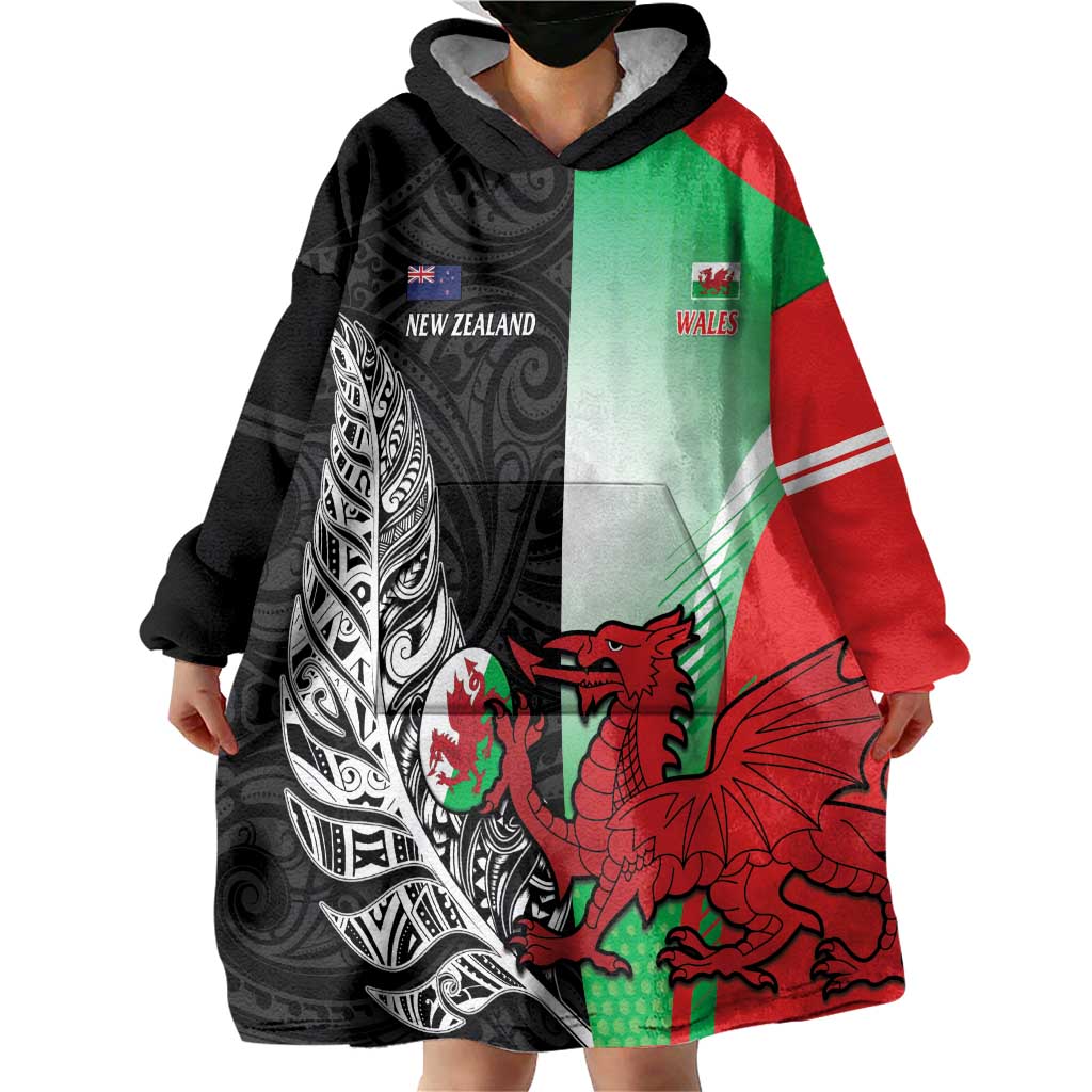 New Zealand and Wales Rugby Custom Wearable Blanket Hoodie Aotearoa All Black Combine Welsh Dragon - Polynesian Pride
