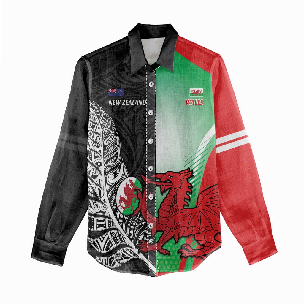 New Zealand and Wales Rugby Custom Women Casual Shirt Aotearoa All Black Combine Welsh Dragon - Polynesian Pride