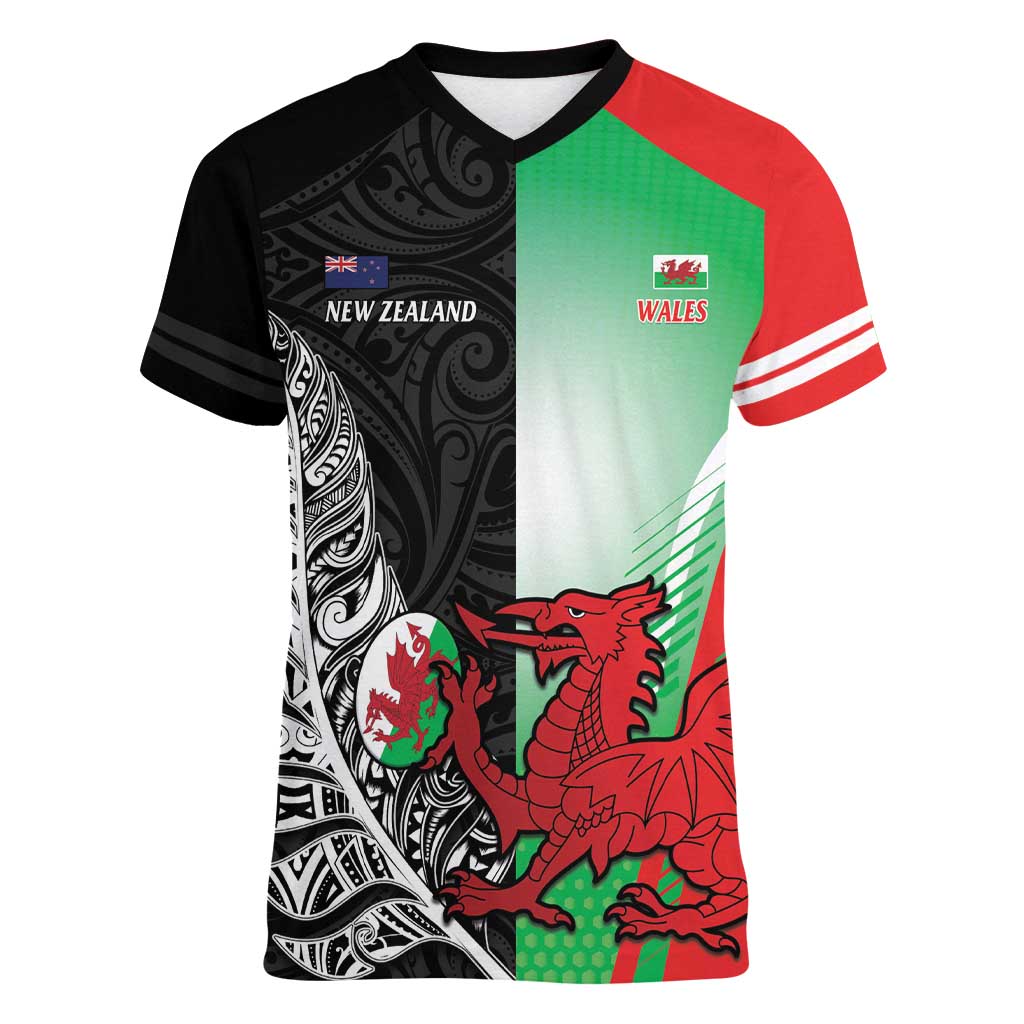 New Zealand and Wales Rugby Custom Women V-Neck T-Shirt Aotearoa All Black Combine Welsh Dragon - Polynesian Pride