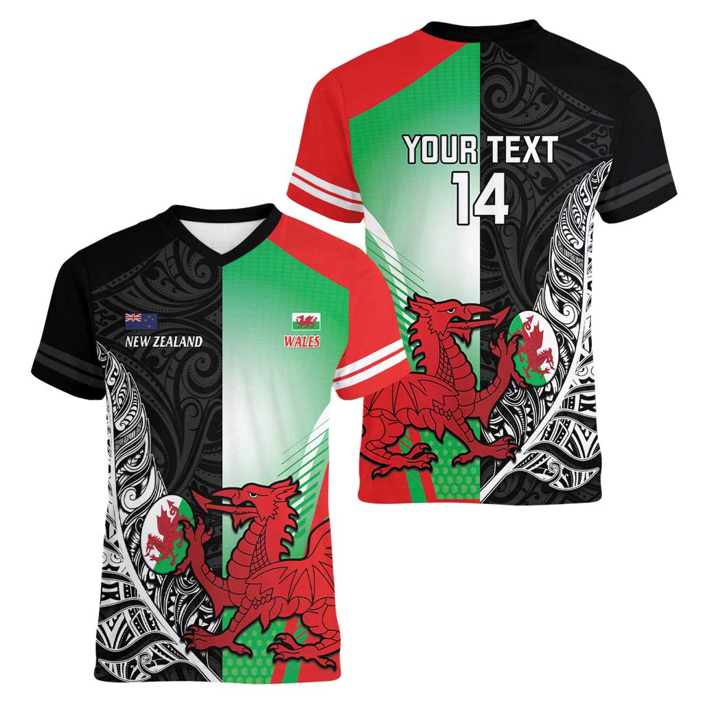 New Zealand and Wales Rugby Custom Women V-Neck T-Shirt Aotearoa All Black Combine Welsh Dragon - Polynesian Pride