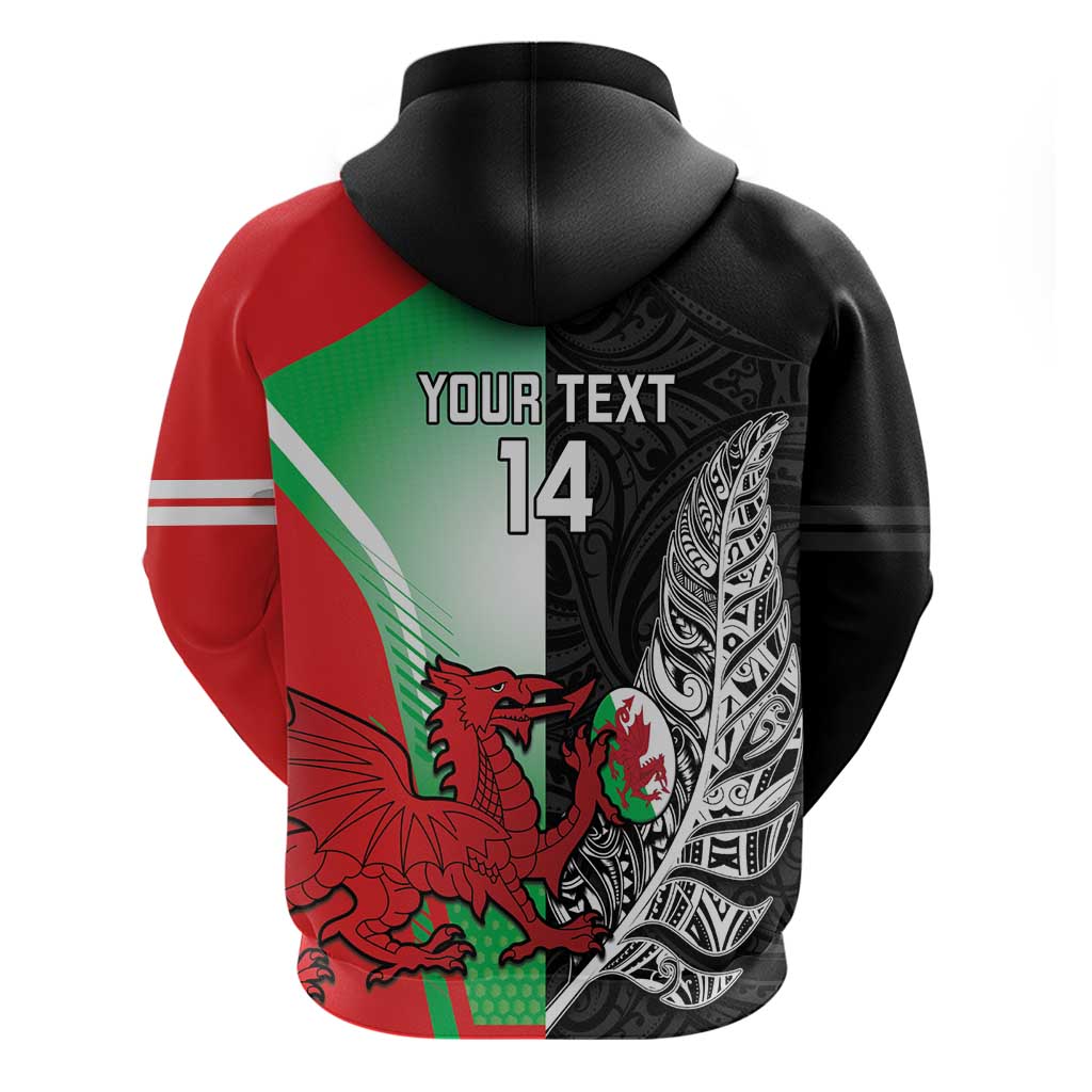 New Zealand and Wales Rugby Custom Zip Hoodie Aotearoa All Black Combine Welsh Dragon - Polynesian Pride