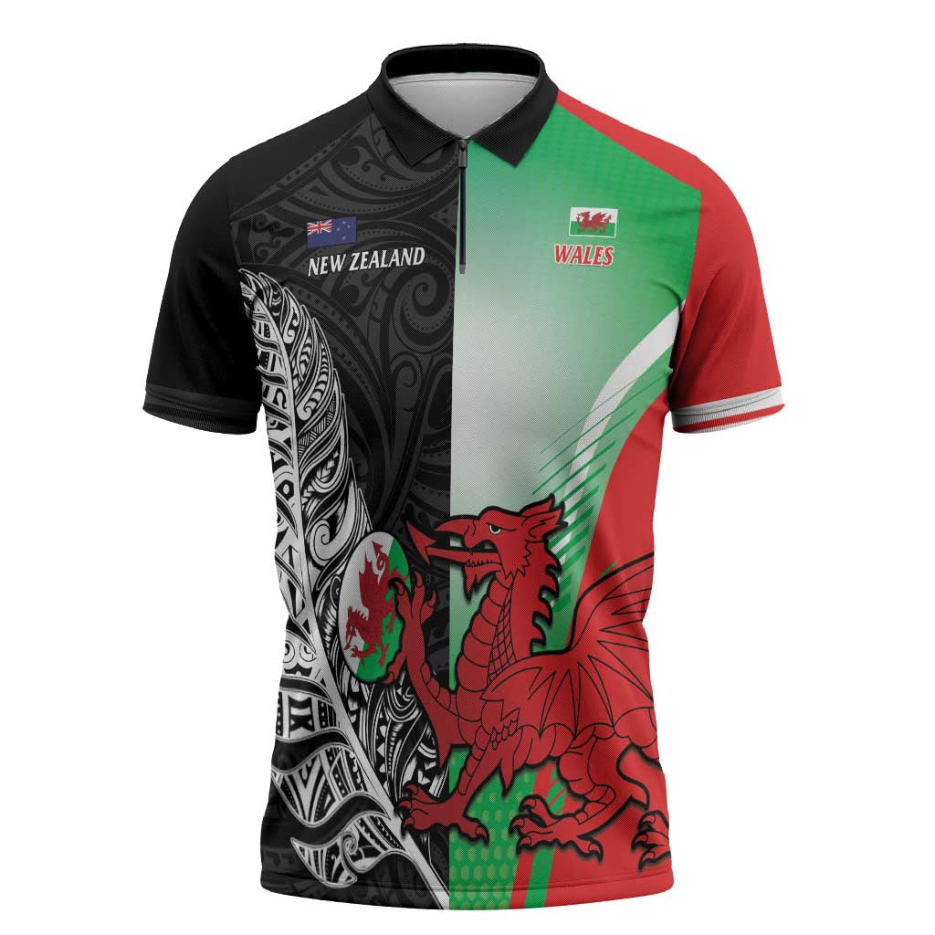 New Zealand and Wales Rugby Custom Zipper Polo Shirt Aotearoa All Black Combine Welsh Dragon - Polynesian Pride