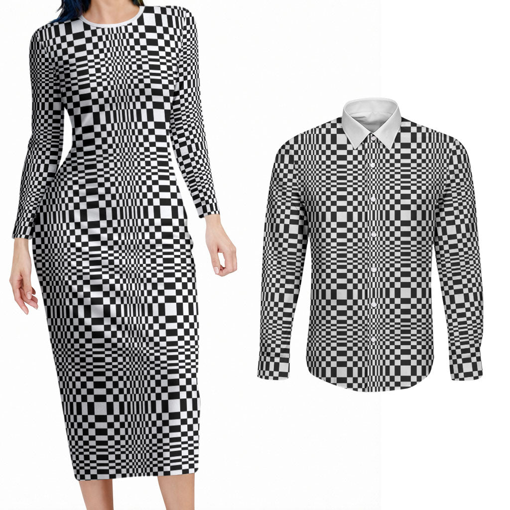 Black White Filipino Binakol Motifs Couples Matching Long Sleeve Bodycon Dress and Long Sleeve Button Shirt Mabuhay Philippines Festival Kusikus Pattern LT14 Black - Polynesian Pride