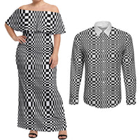 Black White Filipino Binakol Motifs Couples Matching Off Shoulder Maxi Dress and Long Sleeve Button Shirt Mabuhay Philippines Festival Kusikus Pattern LT14 Black - Polynesian Pride
