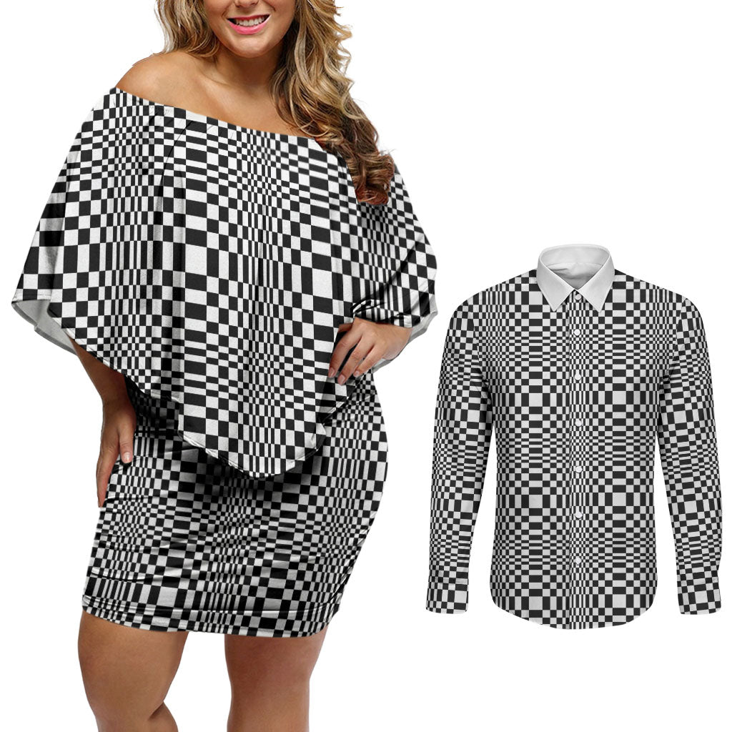 Black White Filipino Binakol Motifs Couples Matching Off Shoulder Short Dress and Long Sleeve Button Shirt Mabuhay Philippines Festival Kusikus Pattern LT14 Black - Polynesian Pride