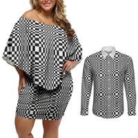 Black White Filipino Binakol Motifs Couples Matching Off Shoulder Short Dress and Long Sleeve Button Shirt Mabuhay Philippines Festival Kusikus Pattern LT14 Black - Polynesian Pride