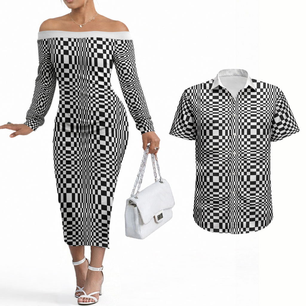 Black White Filipino Binakol Motifs Couples Matching Off The Shoulder Long Sleeve Dress and Hawaiian Shirt Mabuhay Philippines Festival Kusikus Pattern LT14 Black - Polynesian Pride