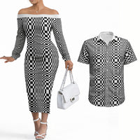 Black White Filipino Binakol Motifs Couples Matching Off The Shoulder Long Sleeve Dress and Hawaiian Shirt Mabuhay Philippines Festival Kusikus Pattern LT14 Black - Polynesian Pride