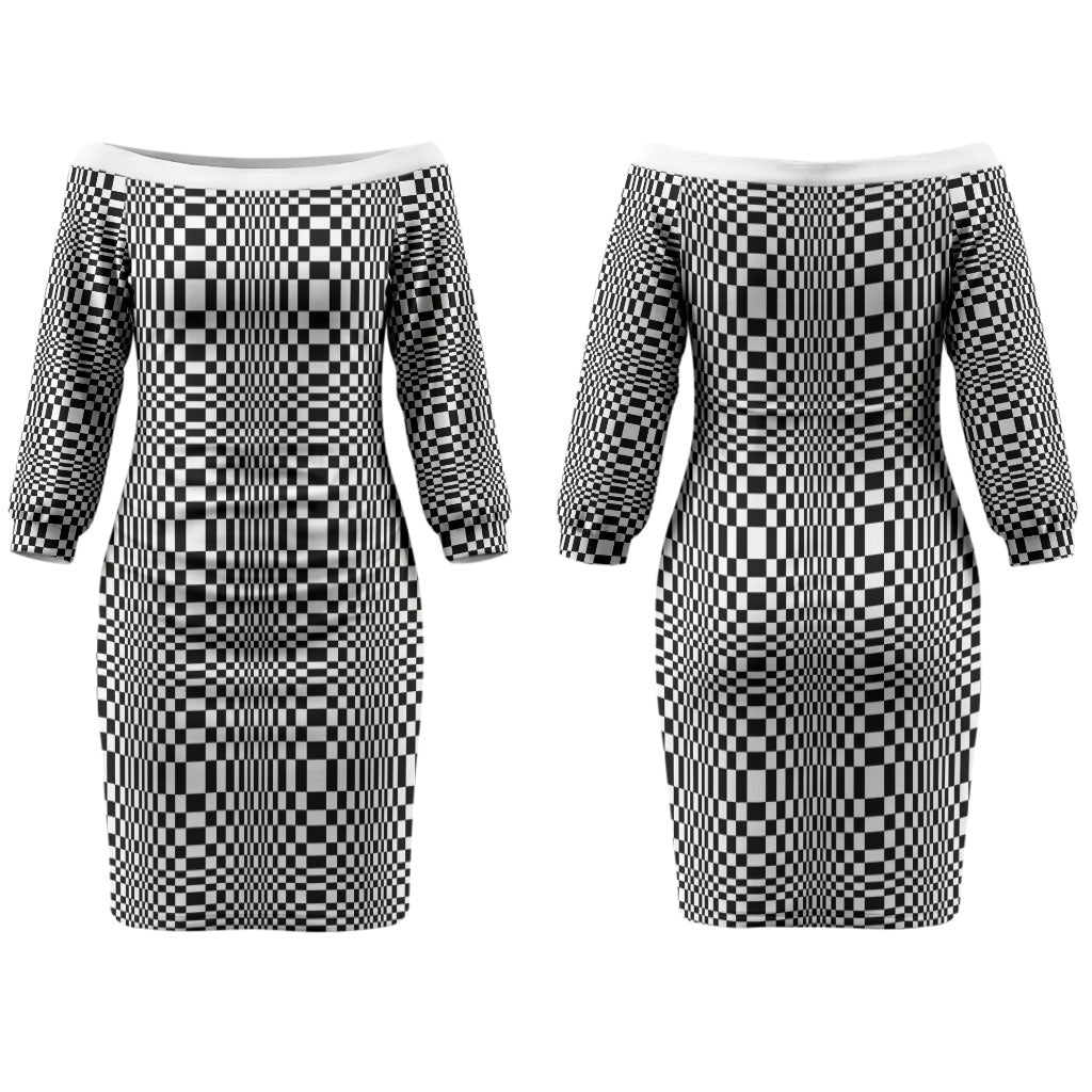 Black White Filipino Binakol Motifs Couples Matching Off The Shoulder Long Sleeve Dress and Hawaiian Shirt Mabuhay Philippines Festival Kusikus Pattern LT14 - Polynesian Pride