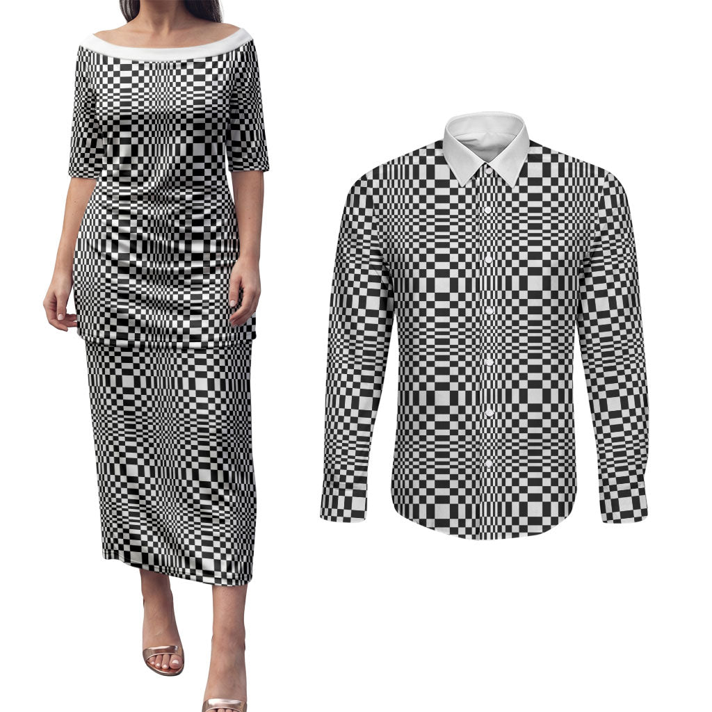 Black White Filipino Binakol Motifs Couples Matching Puletasi and Long Sleeve Button Shirt Mabuhay Philippines Festival Kusikus Pattern LT14 Black - Polynesian Pride