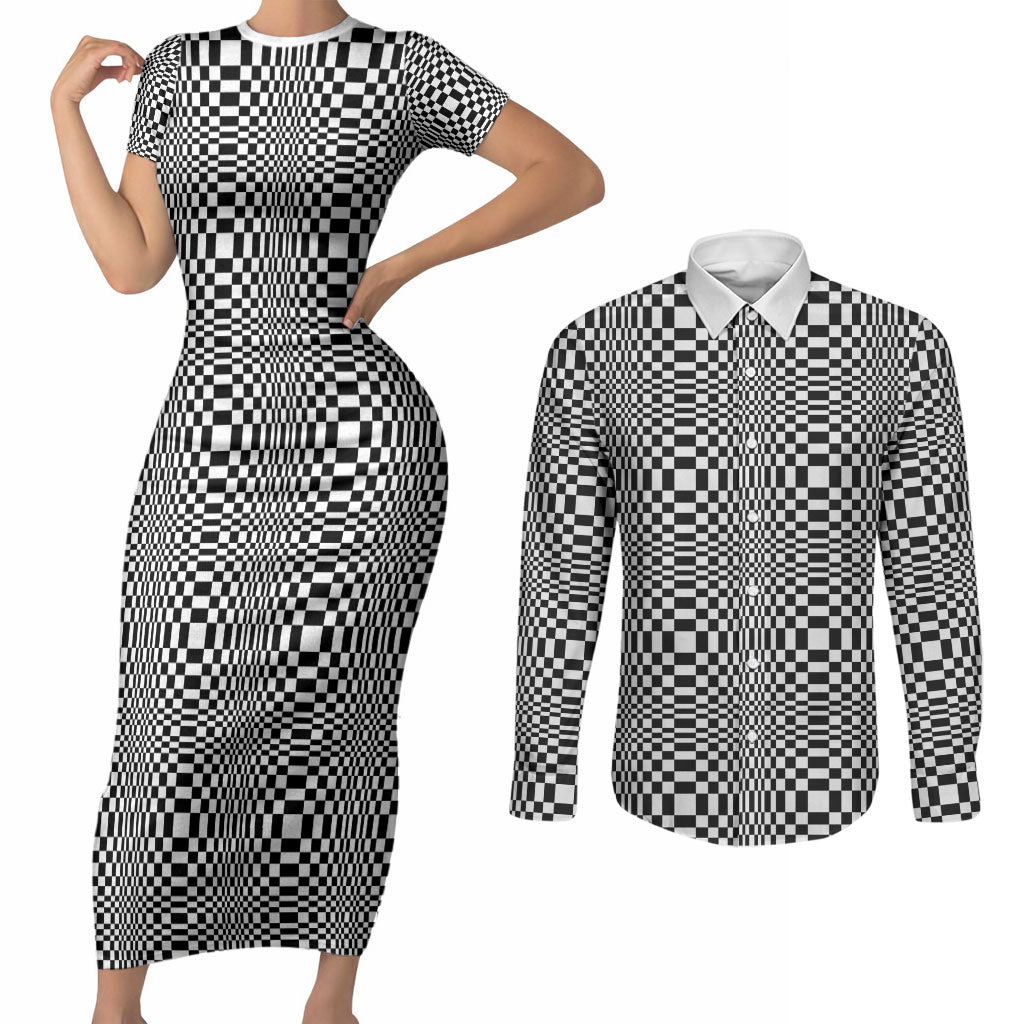 Black White Filipino Binakol Motifs Couples Matching Short Sleeve Bodycon Dress and Long Sleeve Button Shirt Mabuhay Philippines Festival Kusikus Pattern LT14 Black - Polynesian Pride