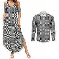 Black White Filipino Binakol Motifs Couples Matching Summer Maxi Dress and Long Sleeve Button Shirt Mabuhay Philippines Festival Kusikus Pattern LT14 Black - Polynesian Pride
