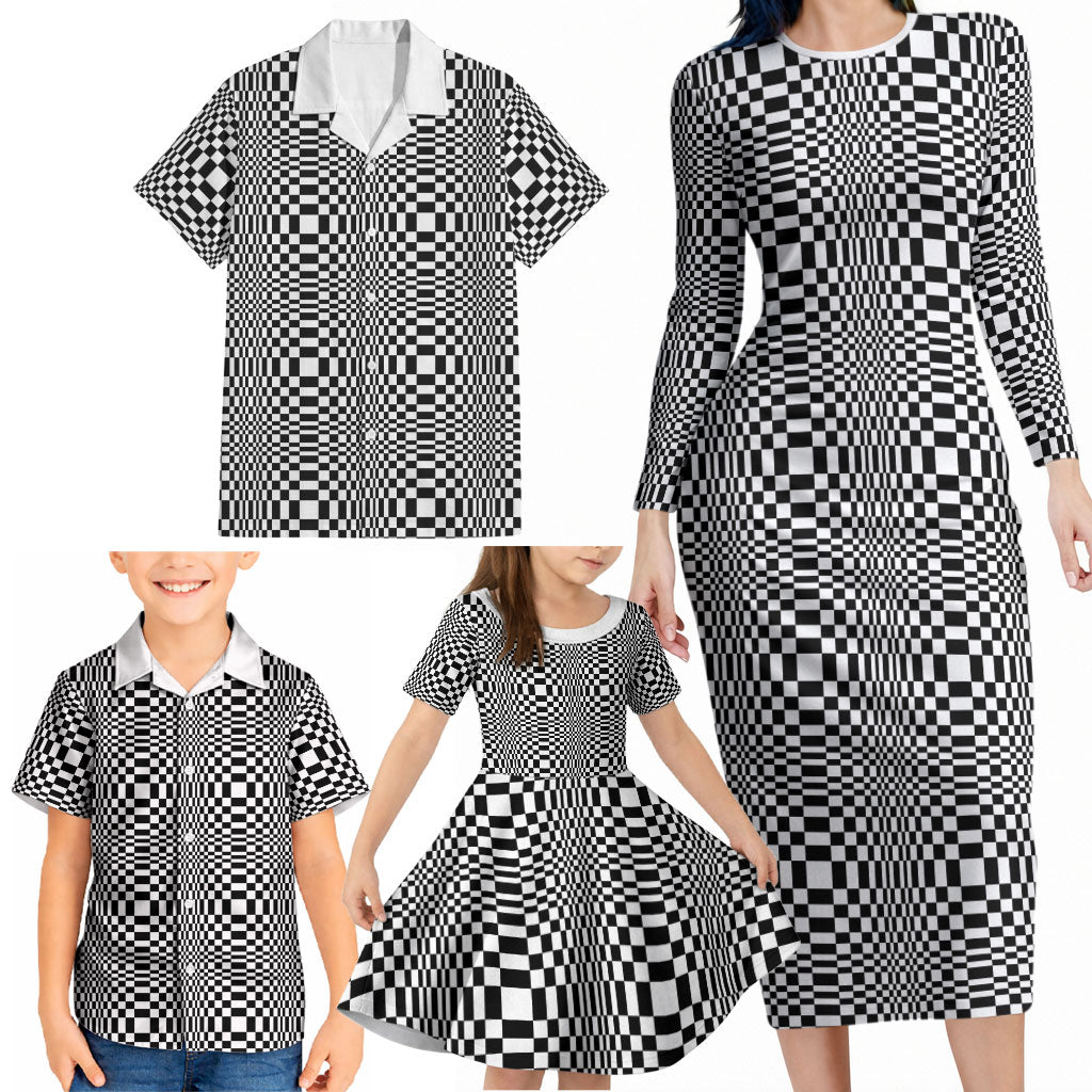 Black White Filipino Binakol Motifs Family Matching Long Sleeve Bodycon Dress and Hawaiian Shirt Mabuhay Philippines Festival Kusikus Pattern