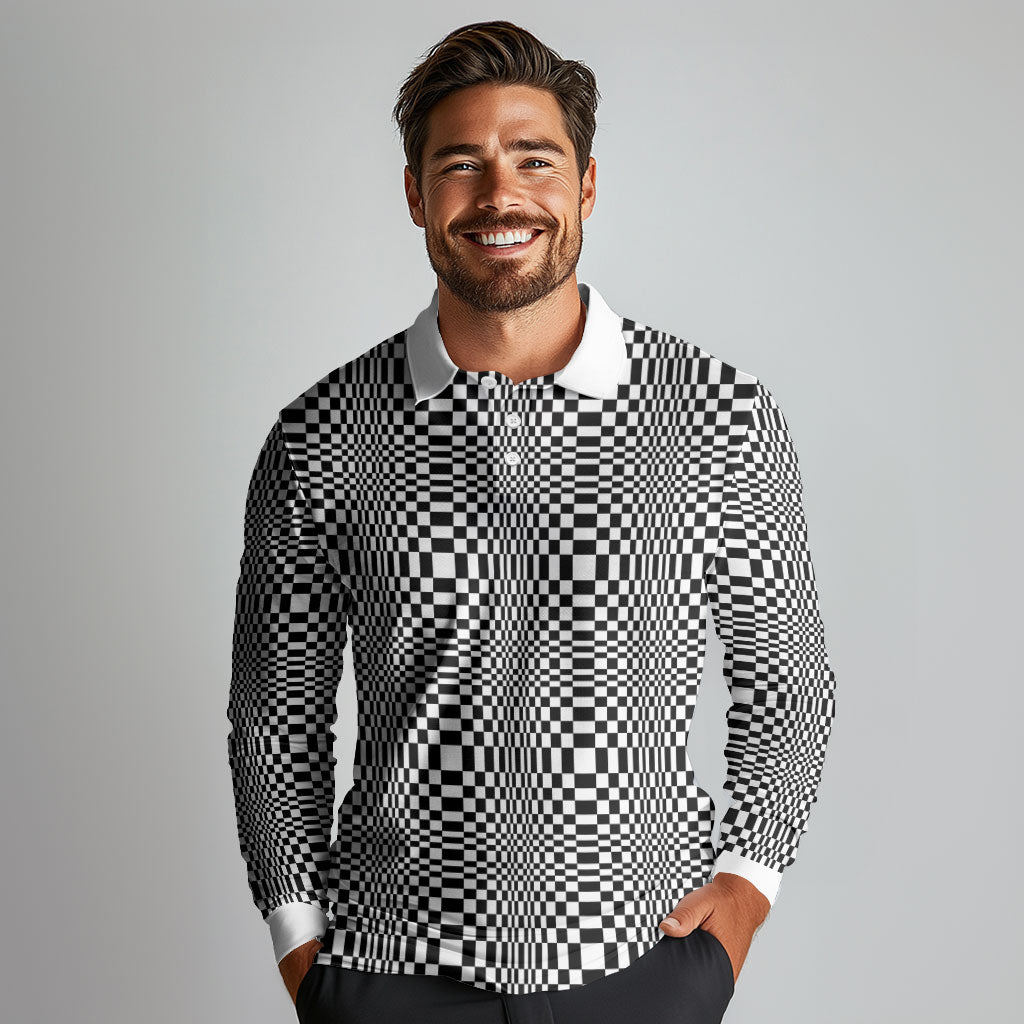 Black White Filipino Binakol Motifs Long Sleeve Polo Shirt Mabuhay Philippines Festival Kusikus Pattern LT14 - Polynesian Pride