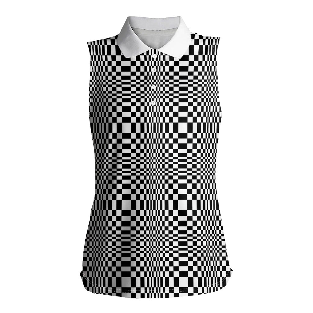 Black White Filipino Binakol Motifs Women Sleeveless Polo Shirt Mabuhay Philippines Festival Kusikus Pattern LT14 Female Black - Polynesian Pride