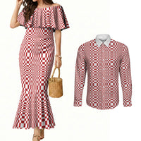 Red White Filipino Binakol Motifs Couples Matching Mermaid Dress and Long Sleeve Button Shirt Mabuhay Philippines Festival Kusikus Pattern LT14 Red - Polynesian Pride