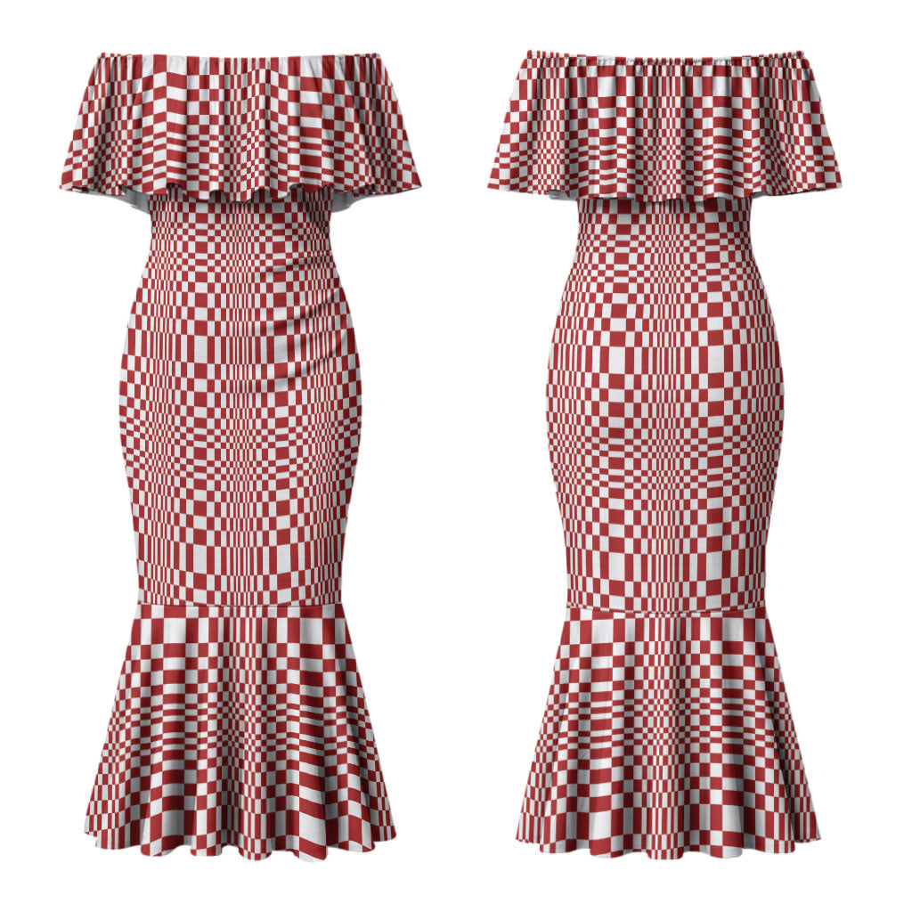 Red White Filipino Binakol Motifs Couples Matching Mermaid Dress and Long Sleeve Button Shirt Mabuhay Philippines Festival Kusikus Pattern LT14 - Polynesian Pride