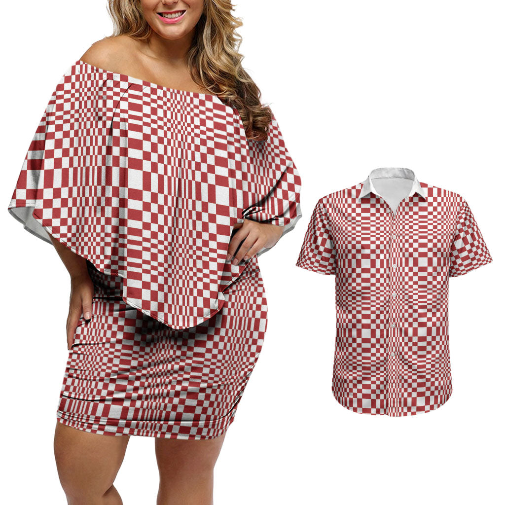 Red White Filipino Binakol Motifs Couples Matching Off Shoulder Short Dress and Hawaiian Shirt Mabuhay Philippines Festival Kusikus Pattern LT14 Red - Polynesian Pride