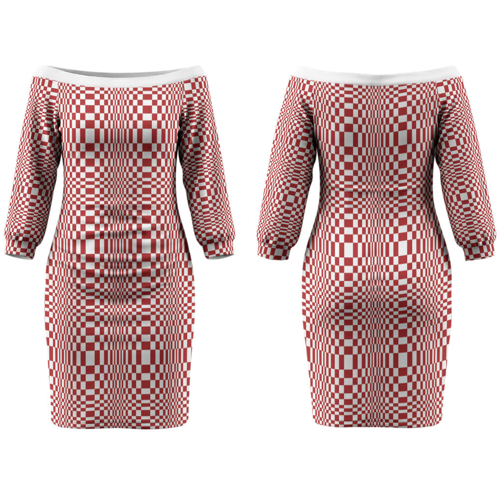 Red White Filipino Binakol Motifs Couples Matching Off The Shoulder Long Sleeve Dress and Hawaiian Shirt Mabuhay Philippines Festival Kusikus Pattern LT14 - Polynesian Pride