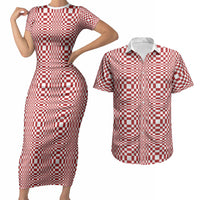 Red White Filipino Binakol Motifs Couples Matching Short Sleeve Bodycon Dress and Hawaiian Shirt Mabuhay Philippines Festival Kusikus Pattern LT14 Red - Polynesian Pride