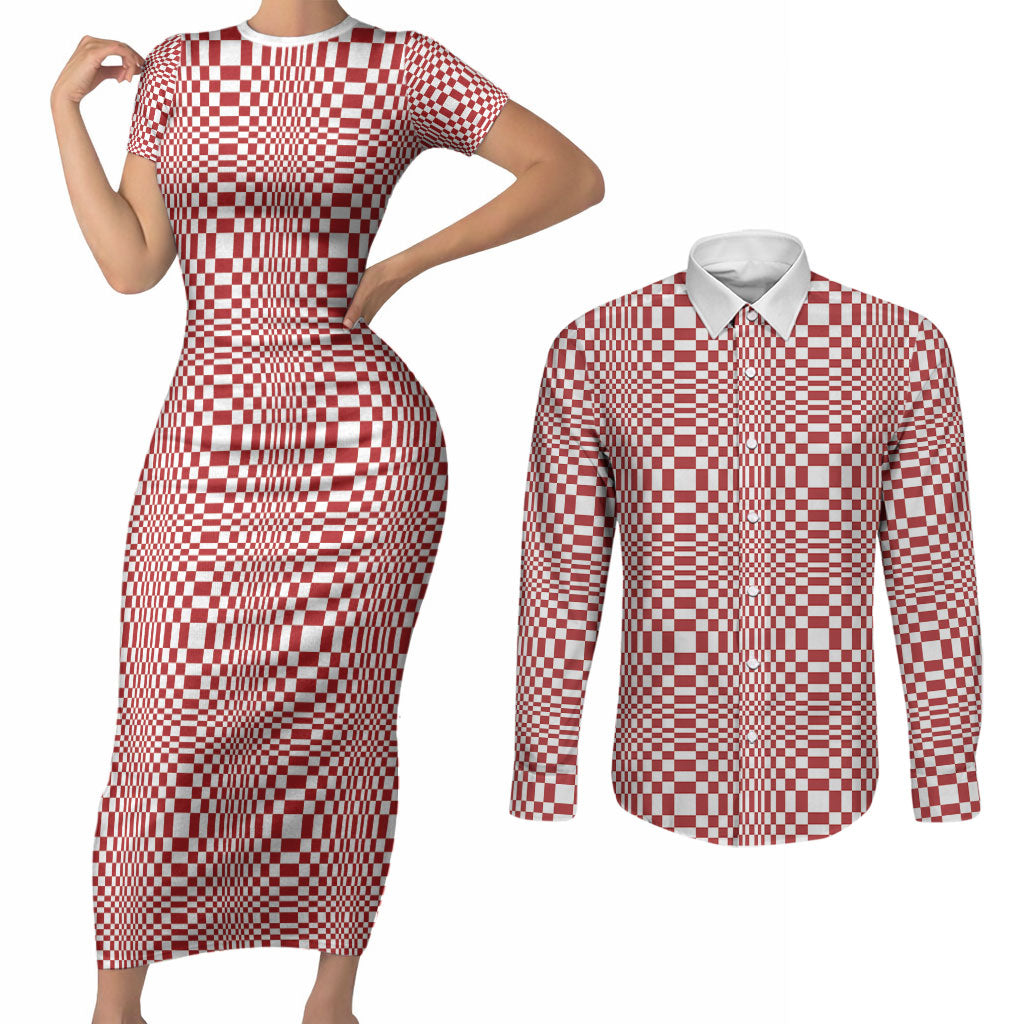 Red White Filipino Binakol Motifs Couples Matching Short Sleeve Bodycon Dress and Long Sleeve Button Shirt Mabuhay Philippines Festival Kusikus Pattern LT14 Red - Polynesian Pride