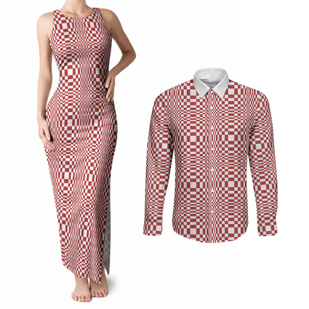 Red White Filipino Binakol Motifs Couples Matching Tank Maxi Dress and Long Sleeve Button Shirt Mabuhay Philippines Festival Kusikus Pattern LT14 Red - Polynesian Pride