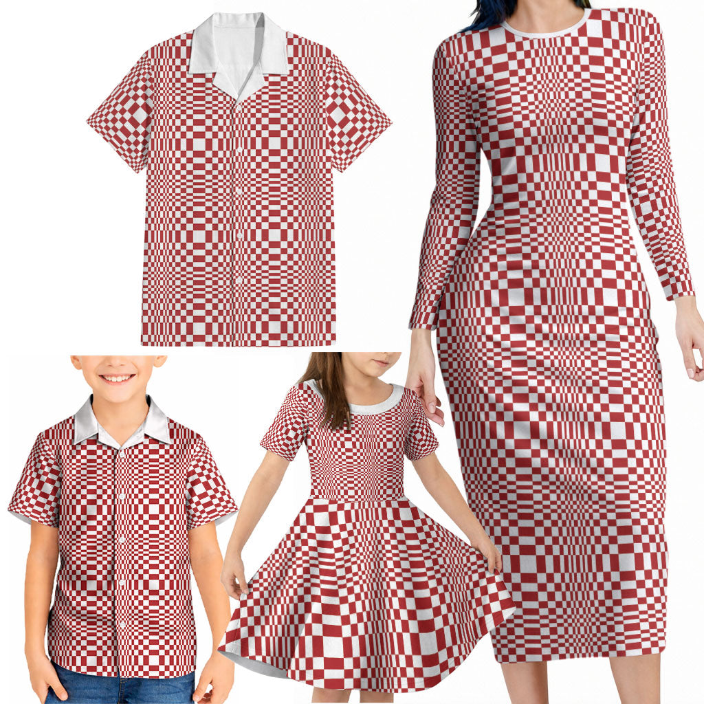 Red White Filipino Binakol Motifs Family Matching Long Sleeve Bodycon Dress and Hawaiian Shirt Mabuhay Philippines Festival Kusikus Pattern LT14 - Polynesian Pride