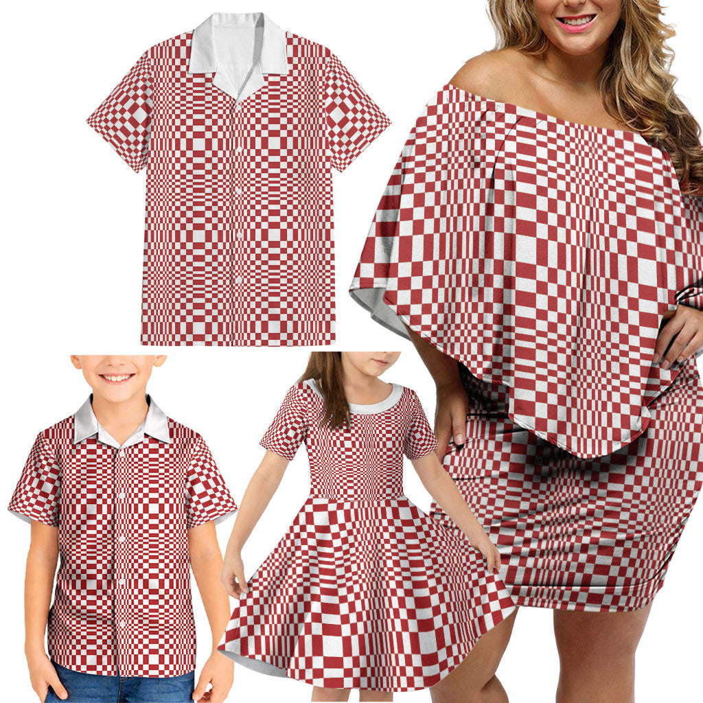 Red White Filipino Binakol Motifs Family Matching Off Shoulder Short Dress and Hawaiian Shirt Mabuhay Philippines Festival Kusikus Pattern LT14 - Polynesian Pride