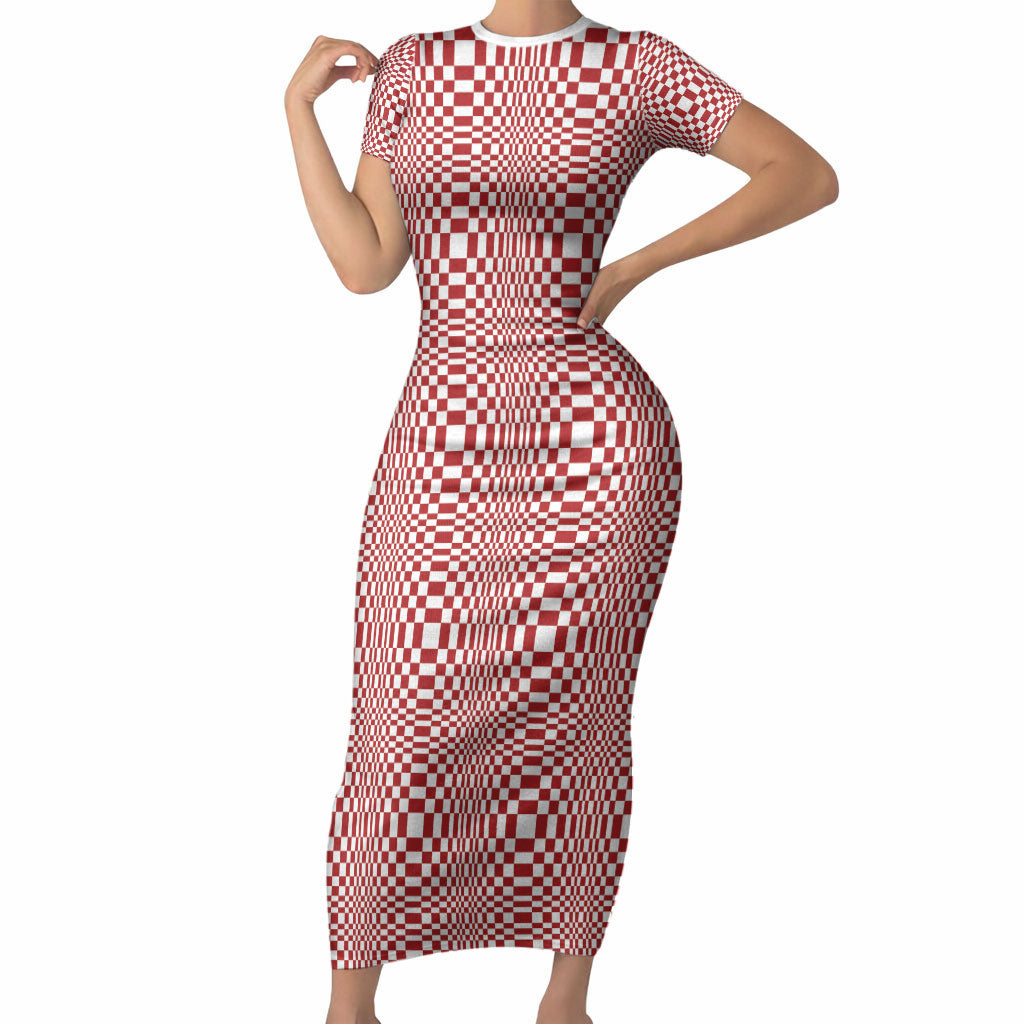 Red White Filipino Binakol Motifs Short Sleeve Bodycon Dress Mabuhay Philippines Festival Kusikus Pattern LT14 Long Dress Red - Polynesian Pride