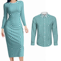Cyan Filipino Binakol Motifs Couples Matching Long Sleeve Bodycon Dress and Long Sleeve Button Shirt Mabuhay Philippines Festival Kusikus Pattern LT14 Cyan - Polynesian Pride