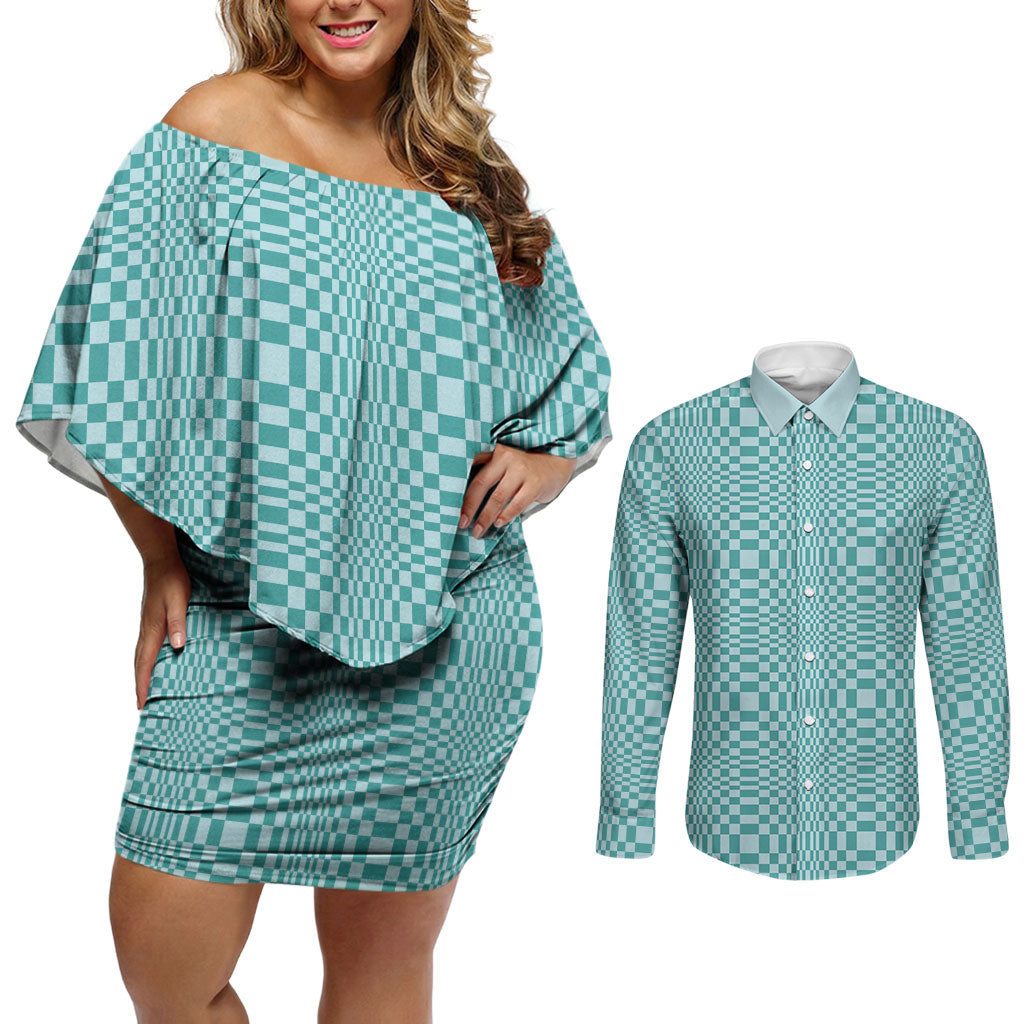 Cyan Filipino Binakol Motifs Couples Matching Off Shoulder Short Dress and Long Sleeve Button Shirt Mabuhay Philippines Festival Kusikus Pattern LT14 Cyan - Polynesian Pride