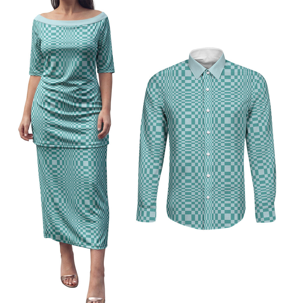 Cyan Filipino Binakol Motifs Couples Matching Puletasi and Long Sleeve Button Shirt Mabuhay Philippines Festival Kusikus Pattern LT14 Cyan - Polynesian Pride