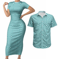 Cyan Filipino Binakol Motifs Couples Matching Short Sleeve Bodycon Dress and Hawaiian Shirt Mabuhay Philippines Festival Kusikus Pattern LT14 Cyan - Polynesian Pride