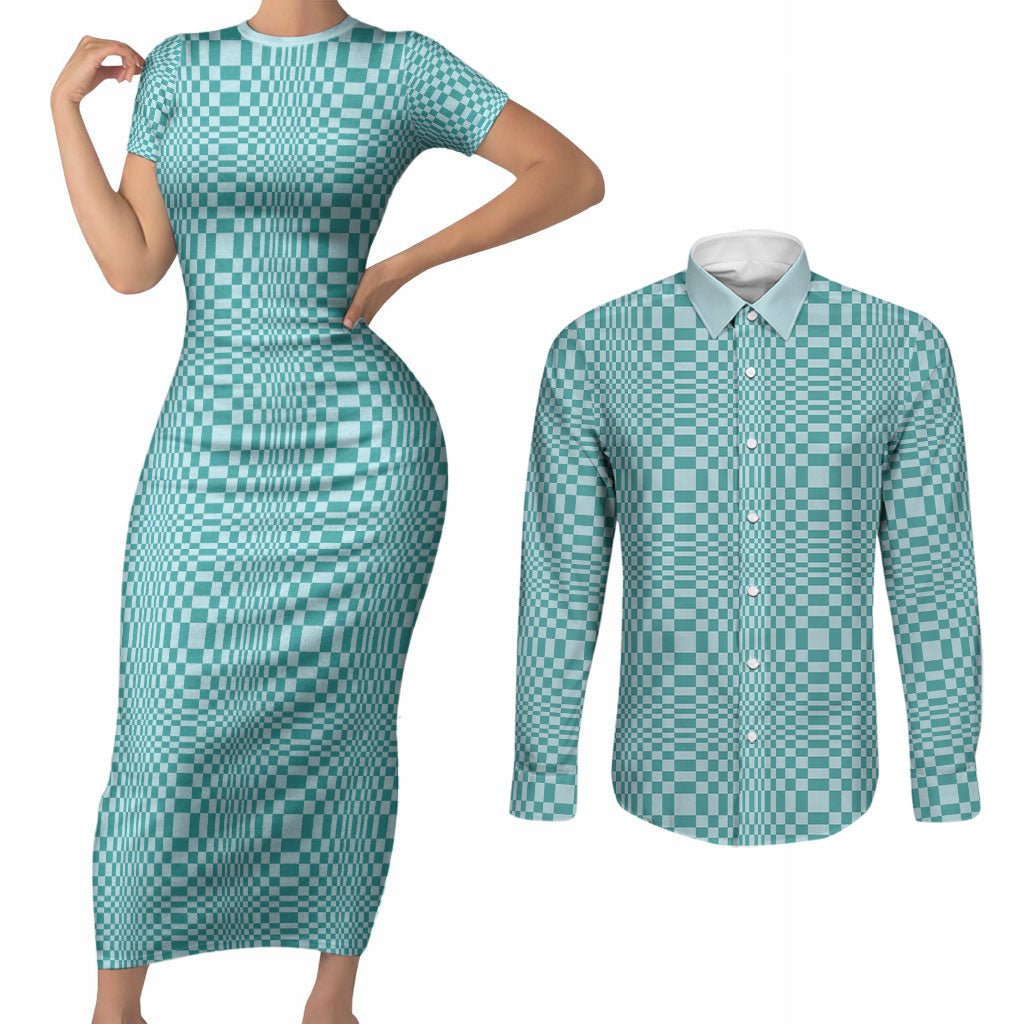 Cyan Filipino Binakol Motifs Couples Matching Short Sleeve Bodycon Dress and Long Sleeve Button Shirt Mabuhay Philippines Festival Kusikus Pattern LT14 Cyan - Polynesian Pride