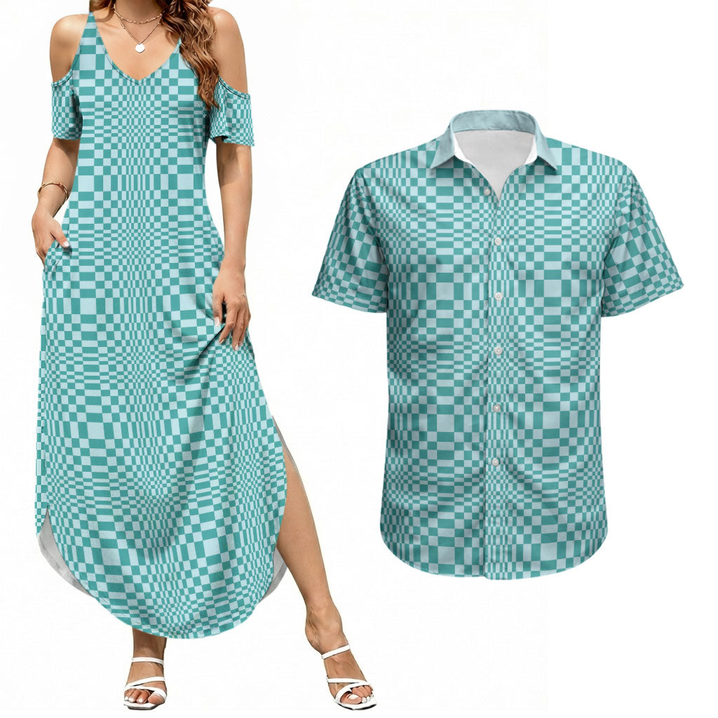 Cyan Filipino Binakol Motifs Couples Matching Summer Maxi Dress and Hawaiian Shirt Mabuhay Philippines Festival Kusikus Pattern LT14 Cyan - Polynesian Pride