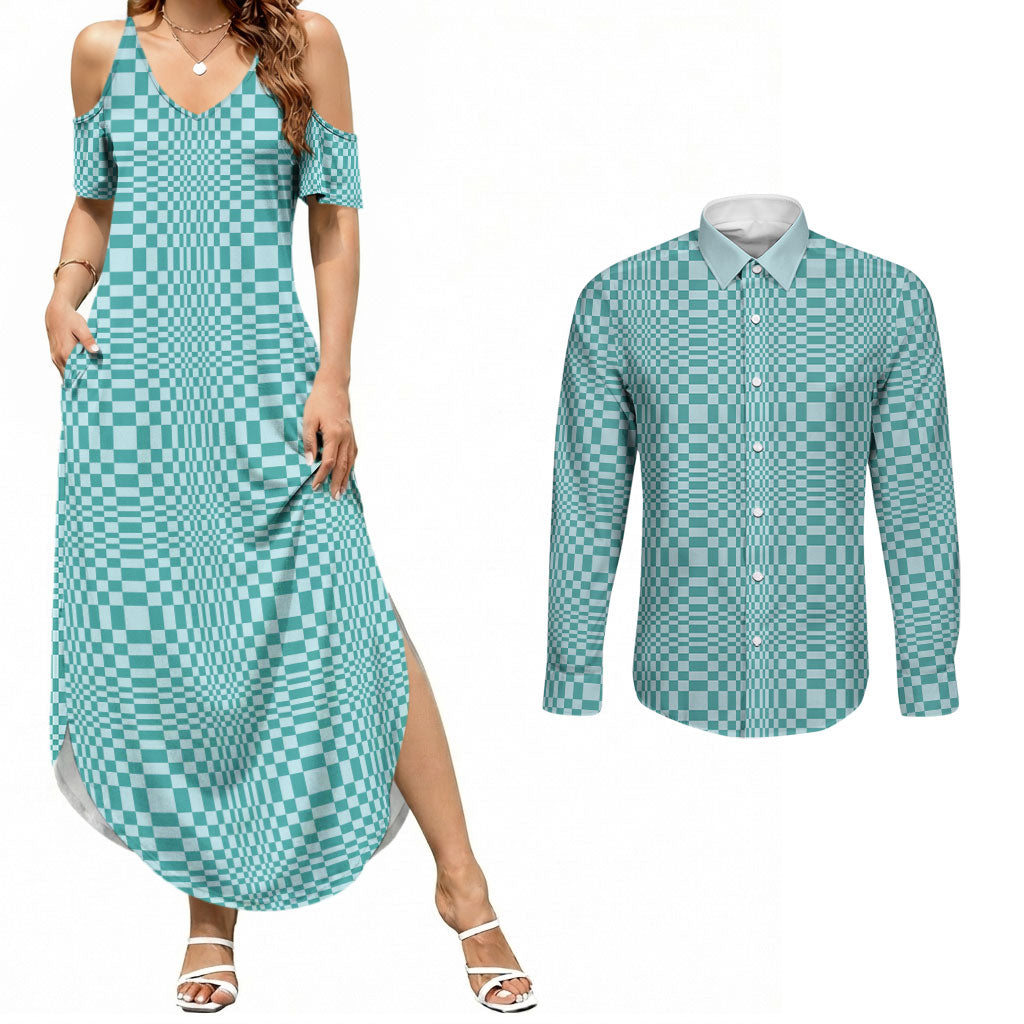 Cyan Filipino Binakol Motifs Couples Matching Summer Maxi Dress and Long Sleeve Button Shirt Mabuhay Philippines Festival Kusikus Pattern LT14 Cyan - Polynesian Pride