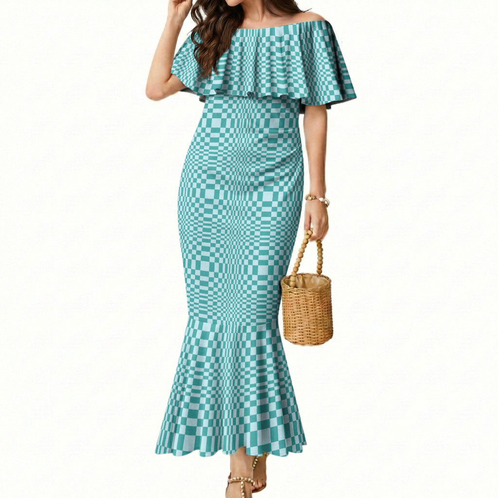 Cyan Filipino Binakol Motifs Mermaid Dress Mabuhay Philippines Festival Kusikus Pattern LT14 Women Cyan - Polynesian Pride
