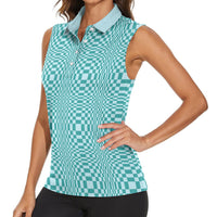 Cyan Filipino Binakol Motifs Women Sleeveless Polo Shirt Mabuhay Philippines Festival Kusikus Pattern LT14 - Polynesian Pride