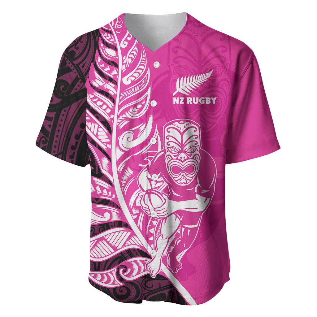 New Zealand Silver Fern Rugby Custom Baseball Jersey All Black Maori Pattern Pink - Polynesian Pride